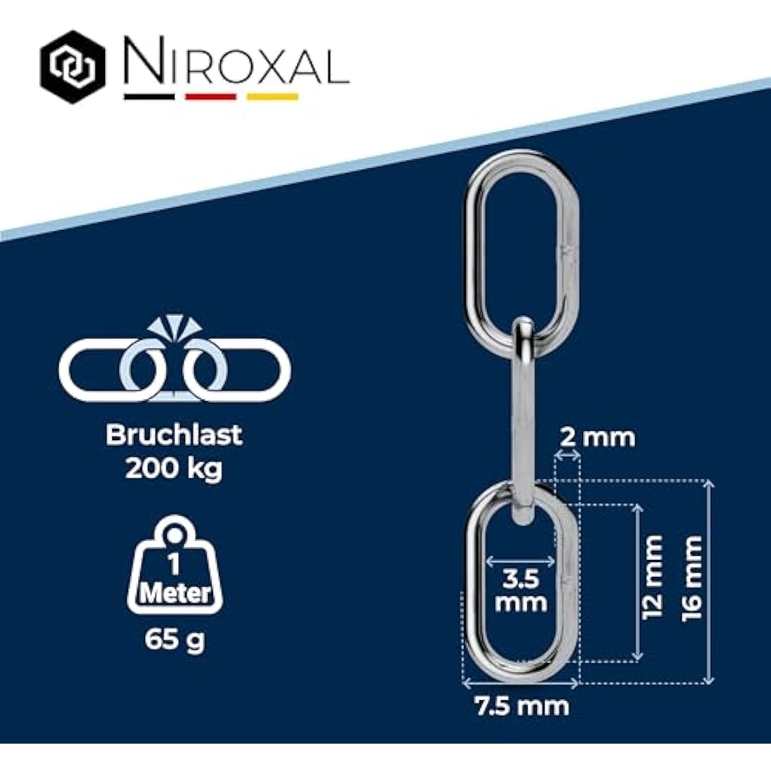 100 m 2 mm thick safety chain, sold by the metre, V4A, iron chain, short links in one piece, barrier chain, A4, DIN 56856, stainless steel, DIN 766, stainless steel chain, metal 100 m