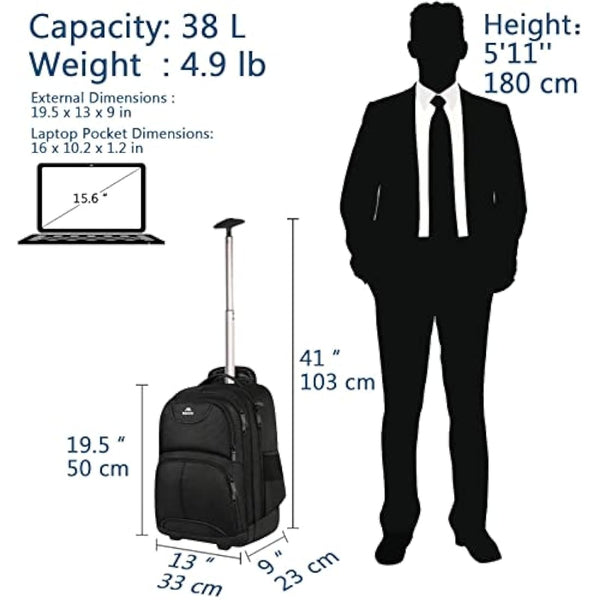 MATEIN Travel Backpack with Wheels, Rucksack with Wheels Cabin Size Wheeled Backpack 17inch Laptop Trolley Business Cabin Bag Carry On Suitcase Hand Luggage School Backpack for Women, Men, Uni, Black