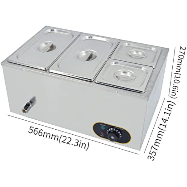 Electric Bain Marie 1500W Food Warmer Stainless Steel Steam Table Temperature Control for Catering and Restaurant, GN 1/3x2, 1/6x2 Pans with Lids