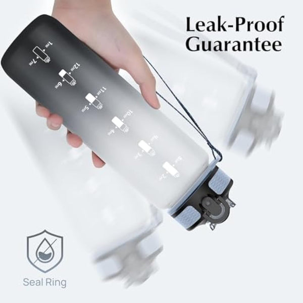 NAVTUE Water Bottle, 1L Sports Water Bottle with Straw, Time Markings, Leak Proof, Tritan BPA free for School, Cycling, Running (1 Bottle)