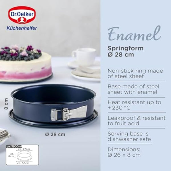Dr. Oetker Springform Cake Tin 28cm Diameter, Round Cake Mold, Baking Pan, Cut & Scratch Resistant Flat Removable Base, Non-Stick Enamel Coating, Colour: Blue