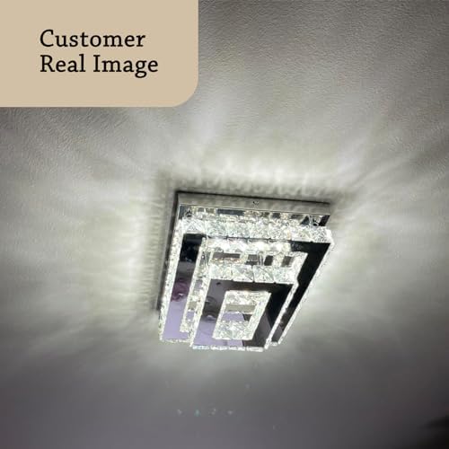 Finktonglan Crystal Ceiling Light Modern Flush Mount Rectangular LED Ceiling Lamp K9 Stainless Steel Ceiling Lights Fixture Chandelier for Living Room Bedroom Dining Room(Cool White)