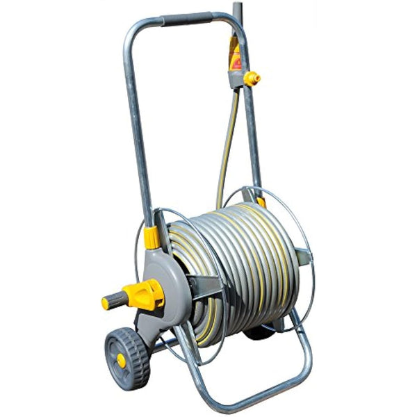 HOZELOCK - Cart Reel Metal Pro 30m : Reel on Wheels 30m, Stable, Robust Metal Drum, Telescopic Traction Handle Comfortable, Supplied Assembled with 30m Hose, 1 Nozzle and Fittings [2436R0000]