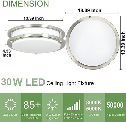 DINGLILIGHTING 30W LED Ceiling Light Fixture, 13 in Flush Mount Ceiling Lights, Brushed Nickel Round Lamp for Living Room, Bedroom, Kitchen, Hallway,3000-6000K 5 Color Adjustable, Super Bright