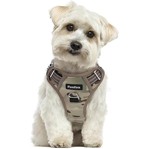 Funfox Dog Harness Small No Pull, Adjustable 2 Clips Anti-Pull Vest with Practical Handle, Breathable Padded Pet Harness Designed for Small/Large Breeds, Reflective Training Walking Camo Green S