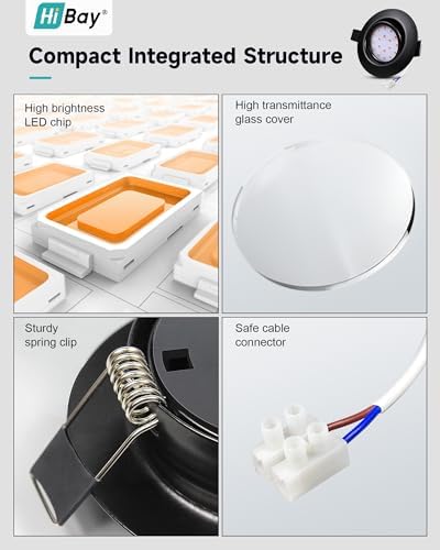 HiBay 8X Led Downlights Ceiling 5w, 230V Ultra Slim Recessed Spot Lights Ceiling Warm White，Hole Size 72-80 mm, 40° Tilt Chrome Round Led Spot Lights for Kitchen, Living Room, Bedroom Indoor