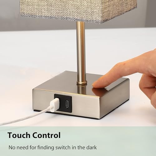 EDISHINE Bedside Lamps Set of 2, 3 Way Dimmable Table Lamp with USB A+C Charging Ports, Touch Lamps for Bedroom, Living Room, Grey (LED Bulbs Included)