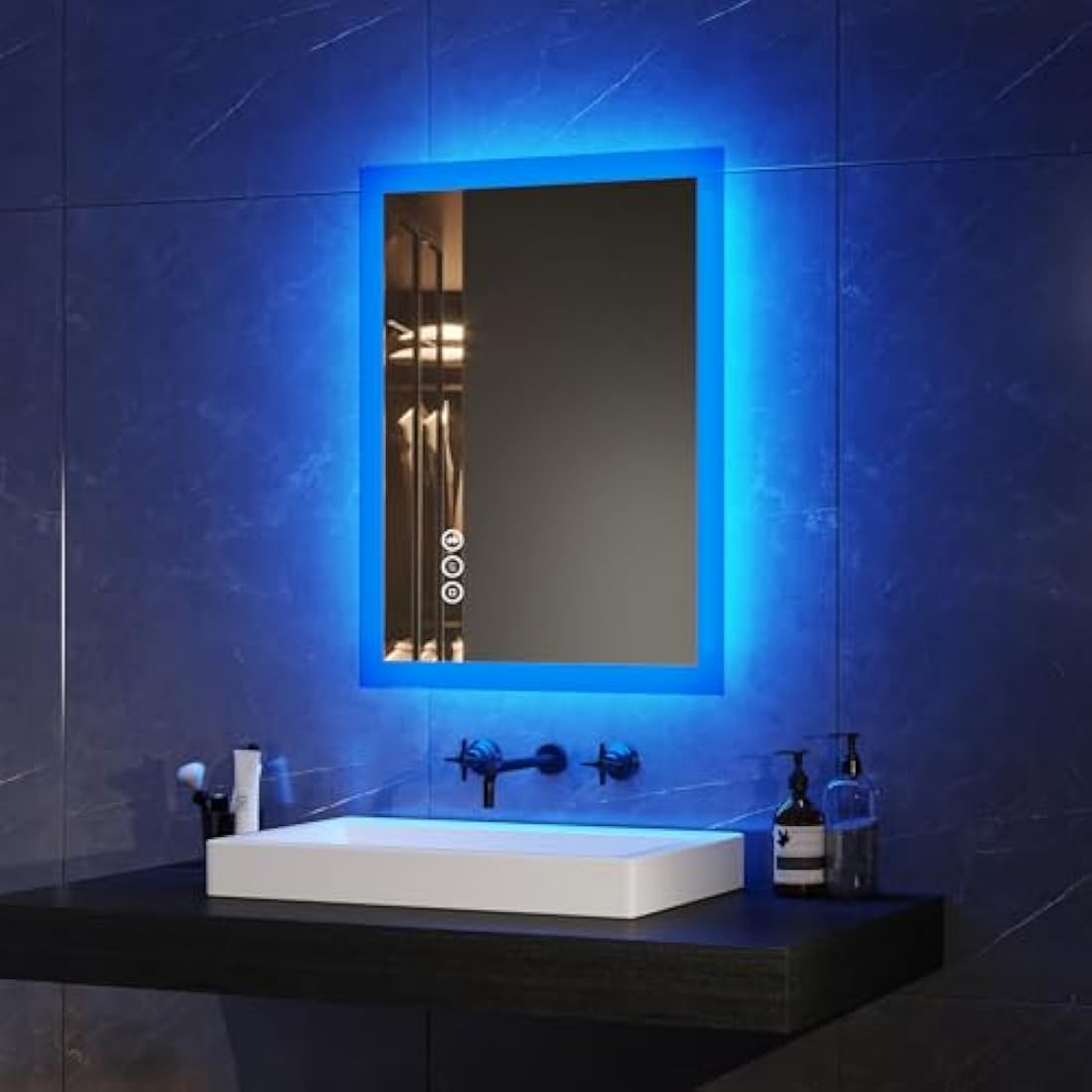 EMKE Bluetooth Bathroom Mirror with Shaver Socket, 450 x 600 mm Blue Atmosphere Illuminated Bathroom Mirror with 3 Color Tone, Dimmable, Memory Function, Demister Wall Mounted Bathroom Vanity Mirror