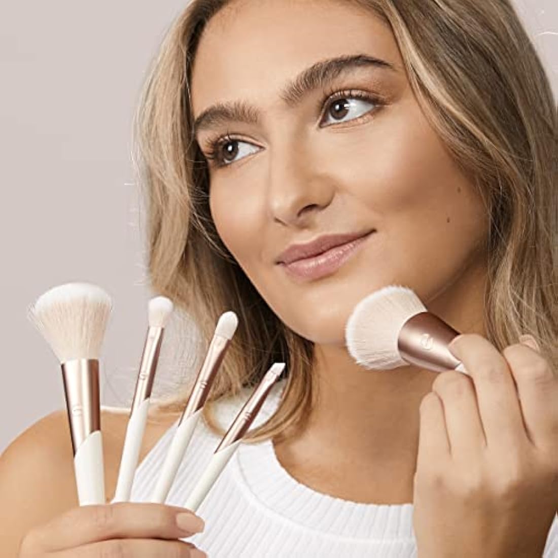 EcoTools Luxe Natural Elegance Professional Face Makeup & Foundation Brush Set, Premium Brush Kit For Face, Cheek, & Eye Makeup, Synthetic Makeup Brushes, Vegan & Cruelty-Free, 5 Piece Set