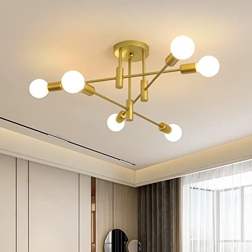 JIINOO Chandelier Modern Pendant Light 6 Lights Metal Industrial Vintage Bracket Chandelier for Living Room Dining Room Bedroom Foyer, Gold