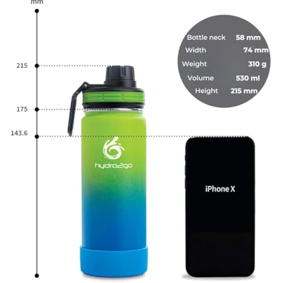 hydro2go Stainless Steel Water Bottle – BPA-Free Bottle for Kids, School, Sports & Outdoor – Keeps Drinks Hot for up to 12H and Cold for up to 24H – Includes 3 Drinking Caps – 530ml (Earth)