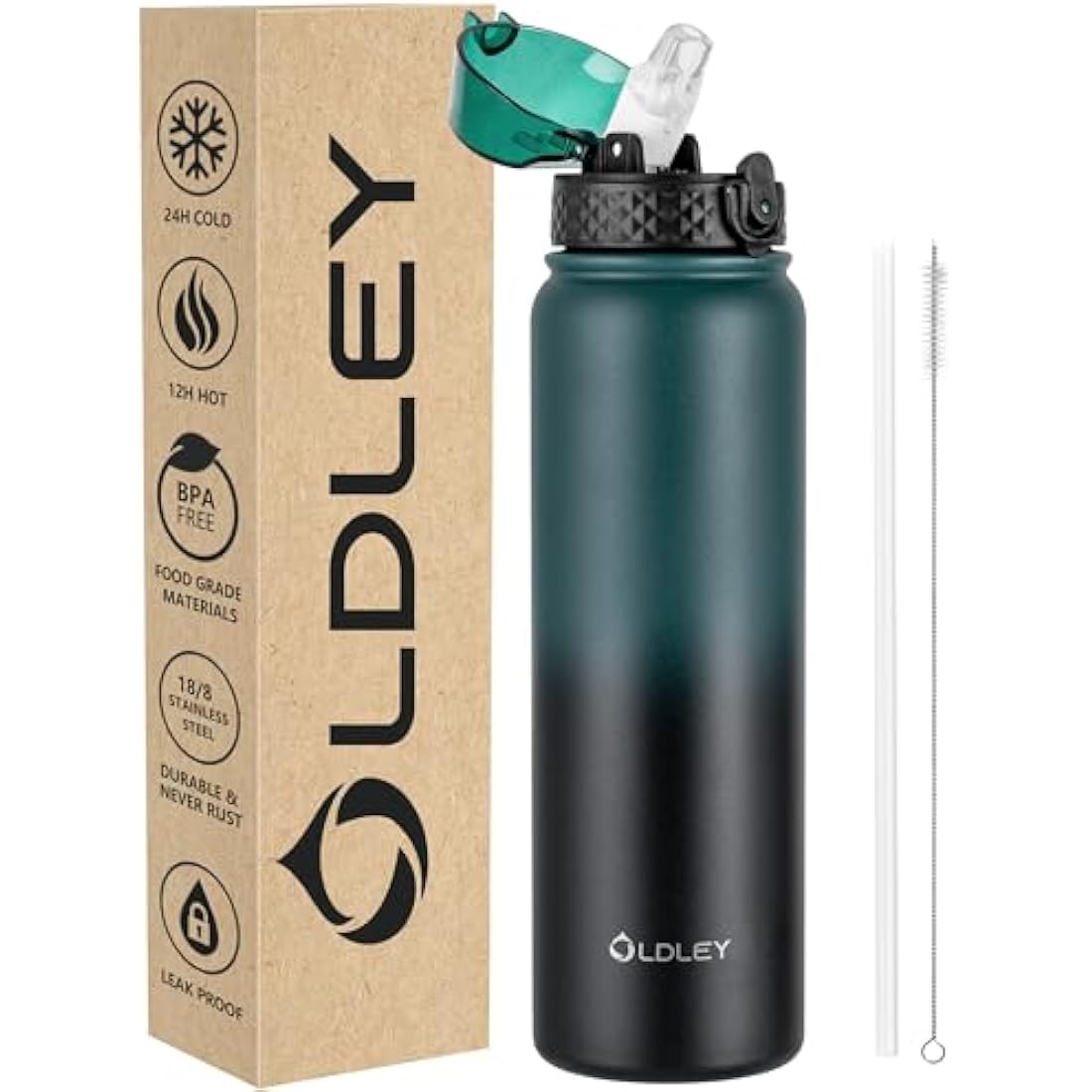 OLDLEY Stainless Steel Water Bottle with Straw 1L Vaccum Insulated Large Drink Flask Metal Water Bottles 1 Litre Leakproof Keep Drinks Hot Cold for Sports Gym Adult Women Men(Green Black, 1 Lid)