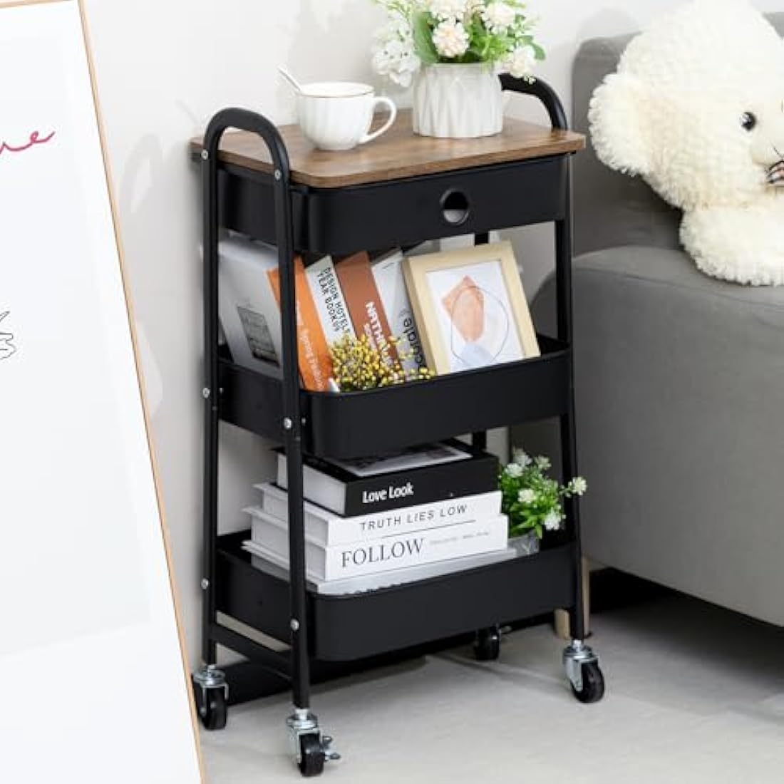 DOEWORKS Metal Storage Cart with Drawer, 3-Tier Trolley Cart on Wheels, Rolling Storage Trolley for Room, Bathroom, Office, Black