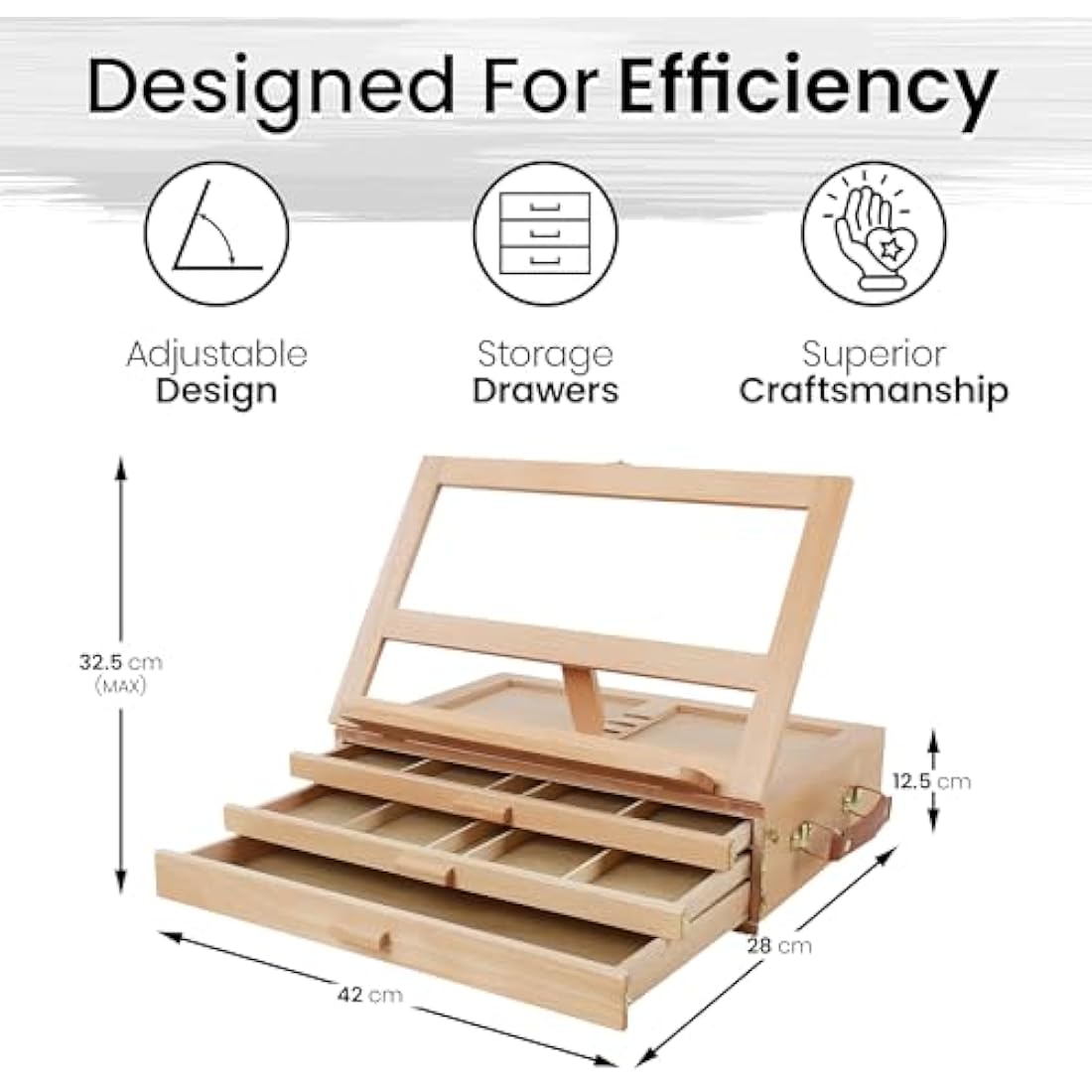 ARTISTIK Wooden Table Top Easel | Premium Adjustable Desk Easel x3 Draws | Crafted with Leather Handle | for Artists; Painting, Drawing, Sketching and More
