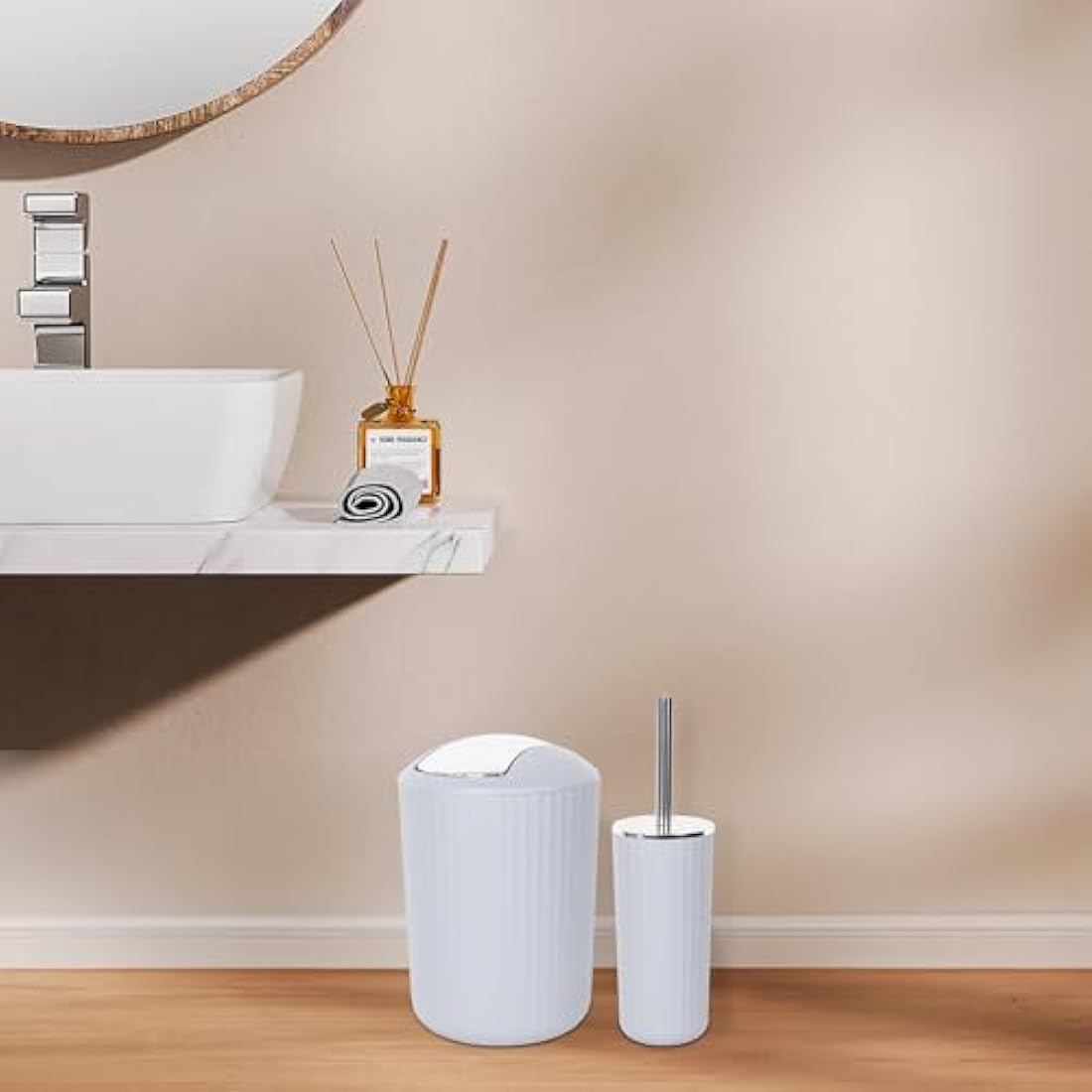 FEILANDUO Bathroom Accessories Sets Complete, 8 Pcs Bathroom Accessory Set with Trash Can, Soap Dispenser, Soap Dish, Toothbrush Holder, Toothbrush Cup, Toilet Brush and Qtip Holders,Vanity Tray White