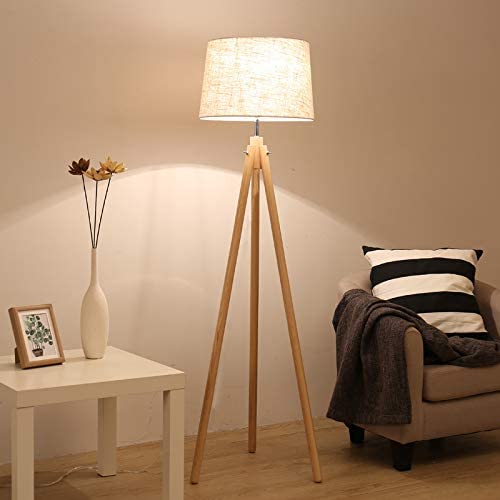 DINGLILIGHTING Wooden Tripod Led Floor Lamp, 3000k Warm White Floor Light, Classic Led Reading Free Standing Lamp for Living Room, Bedside, Study,