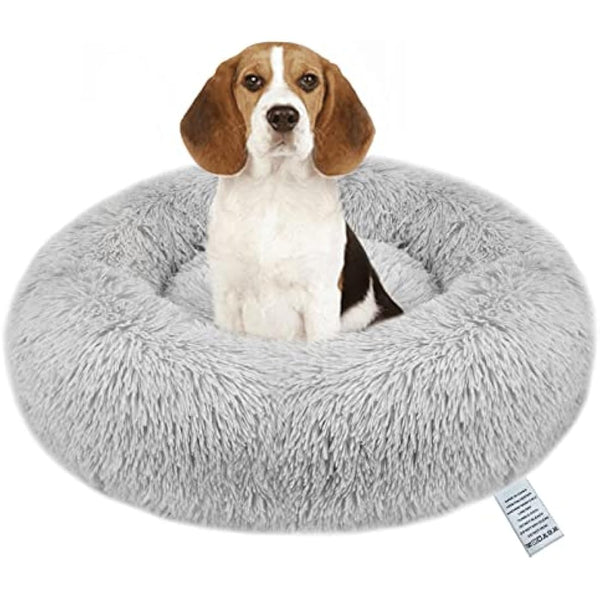 FireOwl Calming Dog Bed - Large 70cm Donut Bed, Anti-Anxiety, Plush Cuddler, Machine Washable, Light Grey