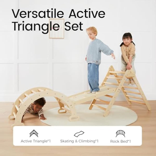 Tiny Land Triangle Climbing Frame for Kids, 3 in 1 Foldable Montessori Toy Wooden Climbing Triangle, Indoor Climbing Frame Set Wooden Climbing Toy with Ramp and Arch Climbing Triangle
