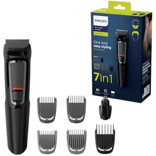 Philips 7-in-1 All-In-One Trimmer, Series 3000 Grooming Kit for Beard & Hair with 7 Attachments, Including Nose Trimmer, Self-Sharpening Blades, UK 3-Pin Plug-MG3720/33