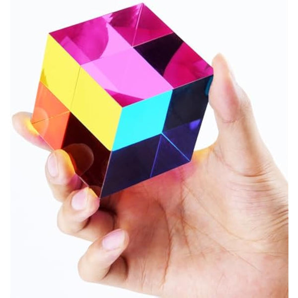 iKeelo Colour Cube (50mm) with Stand -Cyan, Magenta & Yellow Cube - Illustrates Subtractive Colour Model - Novelty Educational STEM Toy for Birthdays and Christmas