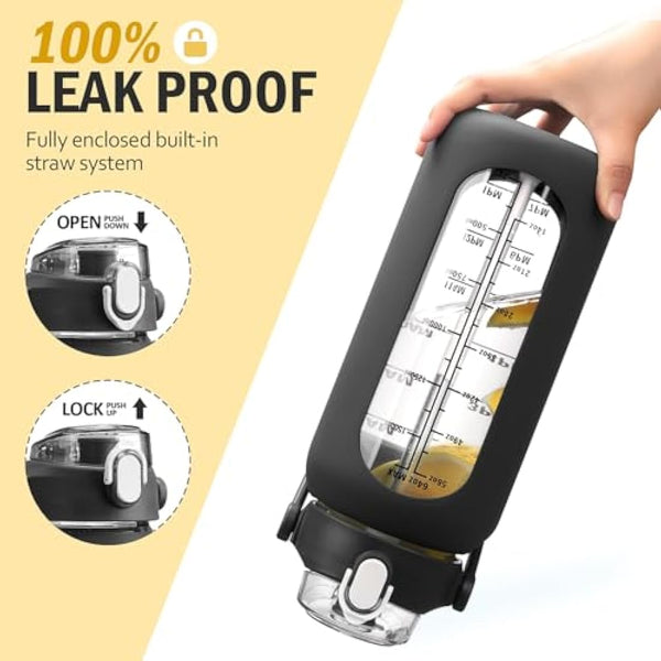 HYDRAGLAZIC 2L Glass Water Bottle with 2 Lids Flip and Chug Lids 2 Liter Large Water Jug with Time Marker and Silicone Sleeve BPA Free Leak-proof for Sports Gym, Black