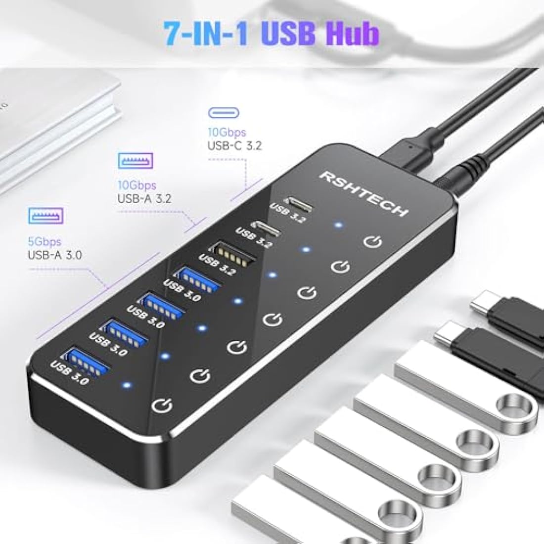 RSHTECH Powered USB Hub 3.1/3.2 Gen2, 7-Port USBC Hub with 4 USB 3.0, 10Gbps USB-A & 2 USB-C Data Ports, Aluminum USB3.2 Splitter for Laptops, PC and More (Upgraded Version, RSH-ST07C)