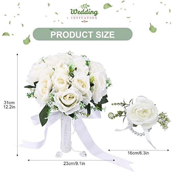 Gukasxi Bridal Bouquet Artificial Rose and Wrist Flower - Wedding Bouquet for Bride and Bridesmaid, Romantic Artificial Flowers for Valentine's Day, Confession Party, Church