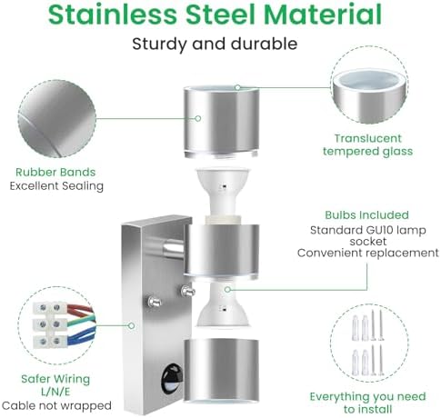 ALUSSO LIGHTING Up Down LED Wall Light PIR Motion Sensor 8W 750LM Stainless Steel Lamp, with GU10 Bulbs 3000K 4000K 6000K Adjustable, Outdoor Security Light IP65 Waterproof for Hallway Porch, Silver