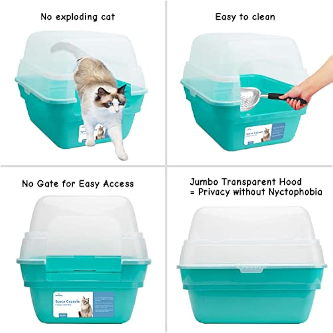 Petfamily 3in1 Large Cat Litter Tray Box with Hood Lid - Teal Plastic Tray, Sturdy & Easy to Clean, 55x45x44cm