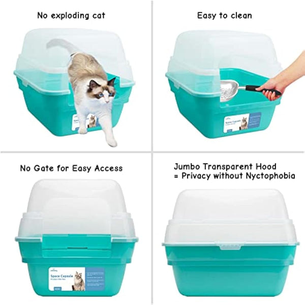 Petfamily 3in1 Large Cat Litter Tray Box with Hood Lid - Teal Plastic Tray, Sturdy & Easy to Clean, 55x45x44cm