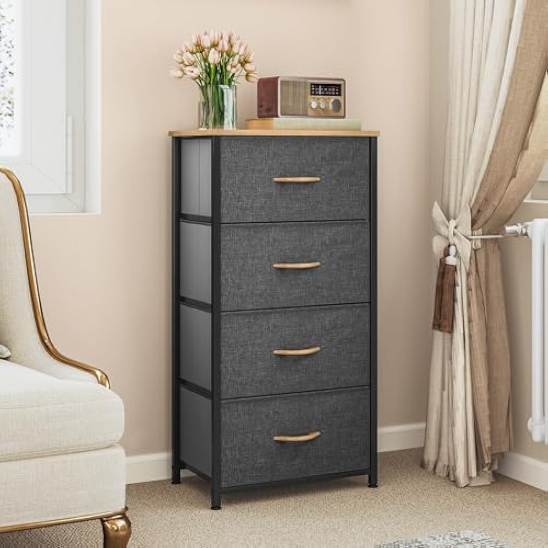 YITAHOME Chest of Drawers with 4 Drawers, Fabric Dressers with Easy Pull Handle,Sturdy Steel Frame,Storage Drawers for Bedroom, Closet, Clothes, Dark Grey