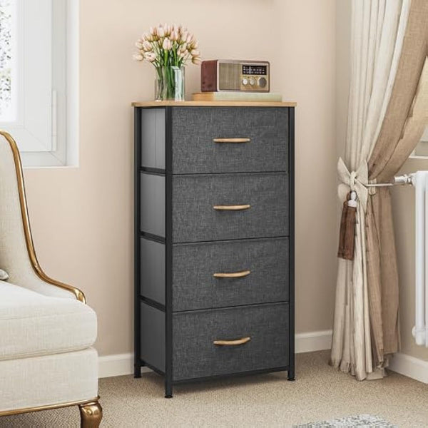 YITAHOME Chest of Drawers with 4 Drawers, Fabric Dressers with Easy Pull Handle,Sturdy Steel Frame,Storage Drawers for Bedroom, Closet, Clothes, Dark Grey