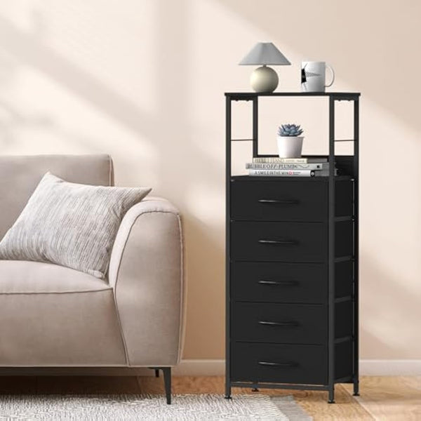CADUKE Chest of Drawers, Tall Storage Tower with 5 Fabric Drawers for Bedroom, Sturdy Steel Frame & Wooden Top, Fabric Dresser for Living Room, Hallway, Entryway, Nursery, Black