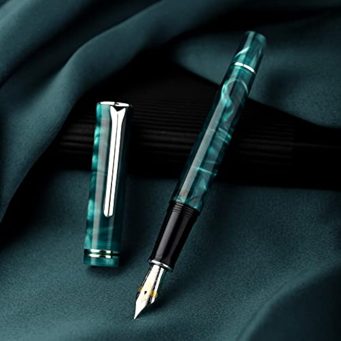 Hongdian N2 Fountain Pen, Iridium Extra Fine Nib Teal Blue Acrylic Design, Smooth Writing Pen with Converter and Metal Pen Box Set