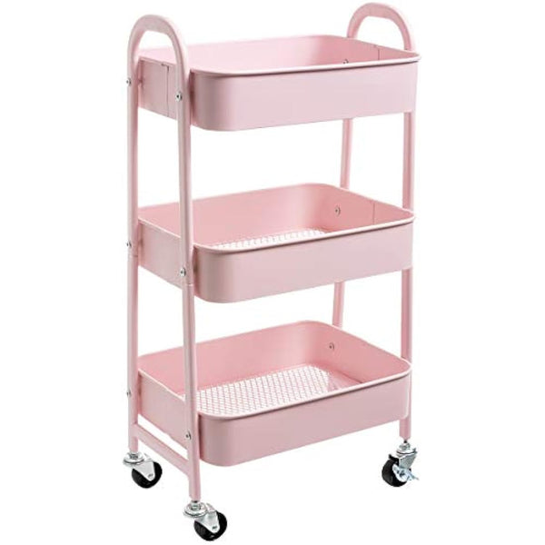 DOEWORKS Storage Cart 3 Tier Trolley Kitchen & Beauty Trolley Metal Rolling Storage Organizer Cart on Wheels for Bedroom, Makeup, Bathroom, Office, Light Pink