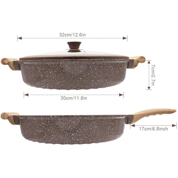 AIKENBBKK 2-in-1 Ceramic Nonstick Deep Frying Pan Skillet, 32cm Frying Pan with Lid Healthy Ceramic Non-Stick Coating, PFOA/PTFE-Free- Brown