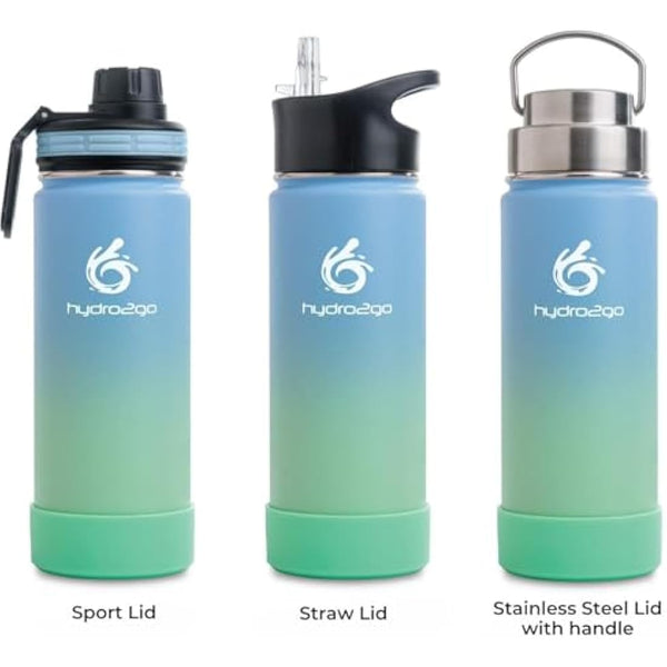 hydro2go Stainless Steel Water Bottle – BPA-Free Bottle for Kids, School, Sports & Outdoor – Keeps Drinks Hot for up to 12H and Cold for up to 24H – Includes 3 Drinking Caps – 530ml (Lagoon)