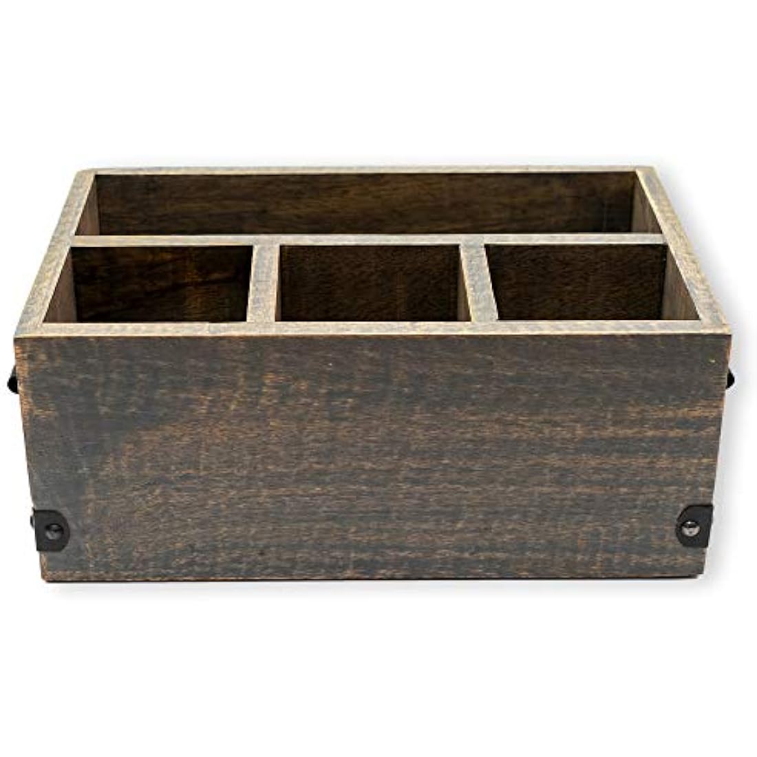 GoCraft 4 Compartment Flatware Caddy, Cutlery Utensil Holder, Silverware Condiment Organizer with Napkin Holder for Kitchen, Dining, Picnics, Grey Washed Mango Wood Caddy with Metal Handles