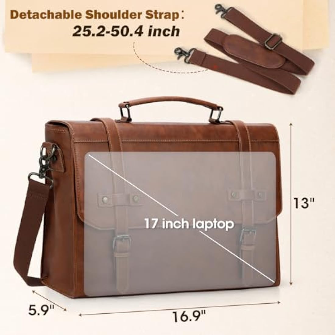 RAINSMORE Messenger Bag Leather Laptop Bag 17.3 Inch Vintage Briefcase for Men Waterproof Satchel Shoulder Bag for Work Office Business College Brown