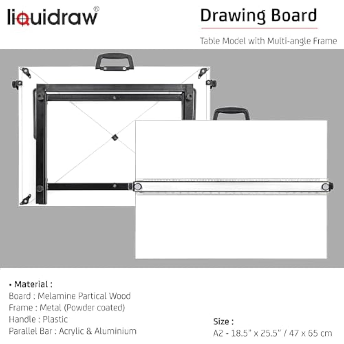 Liquidraw A2 Drawing Board Parallel Motion, Table Model with 5 Adjustable Working Angles, Includes Drawing Board Clips & Set Square, TTM02, White