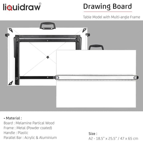 Liquidraw A2 Drawing Board Parallel Motion, Table Model with 5 Adjustable Working Angles, Includes Drawing Board Clips & Set Square, TTM02, White