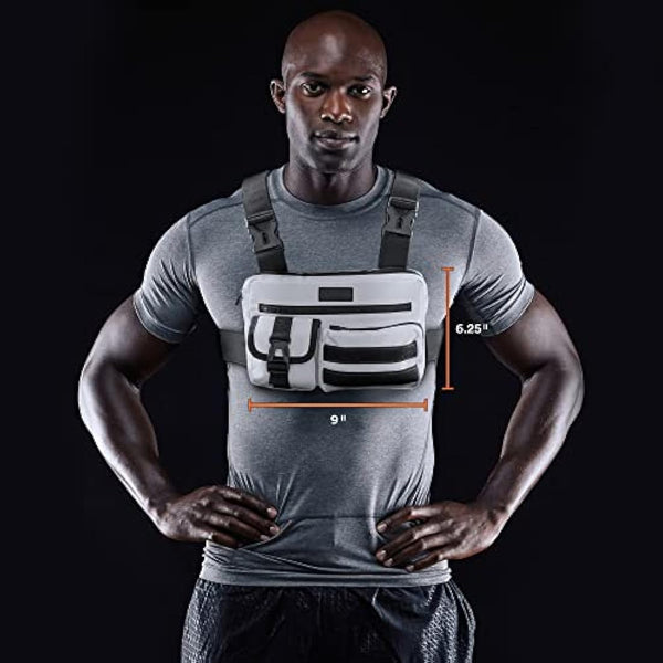 Fitdom Tactical Inspired Sports Utility Chest Pack. Chest Bag for Men with Built-in Phone Holder. This EDC Rig Pouch Vest is Perfect for Workouts, Cycling & Hiking, White, Vest Fit