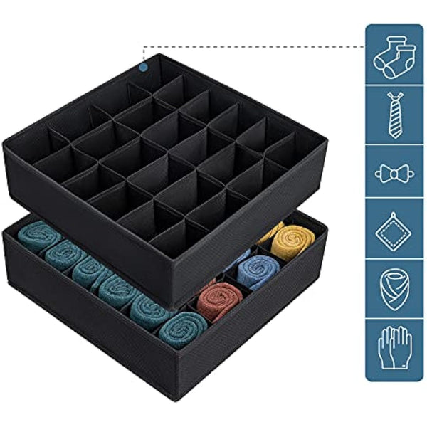 Joyoldelf Drawer Organisers Dividers 2 Packs Wardrobe Organiser, 24 Cell Collapsible Closet Cabinet Organizer Underwear Storage Boxes for Storing Socks, Bra, Handkerchiefs (Black)