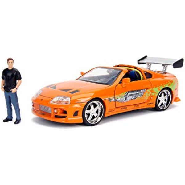 Jada Toys - Fast and Furious Model Car Toyota Supra & Brian - Car Model 1995 Toyota Supra Mk4 1:24 Orange with Brian O'Conner Figure, Vehicle with Spoiler, Opening Parts & Removable Roof