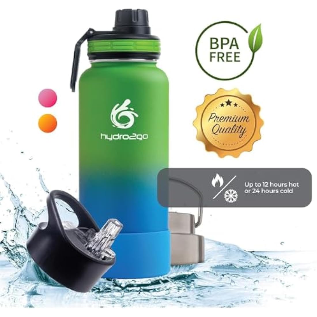 hydro2go Stainless Steel Water Bottle – BPA-Free Bottle for Kids, School, Sports & Outdoor – Keeps Drinks Hot for up to 12H and Cold for up to 24H – Includes 3 Drinking Caps – 950 ml (Earth)