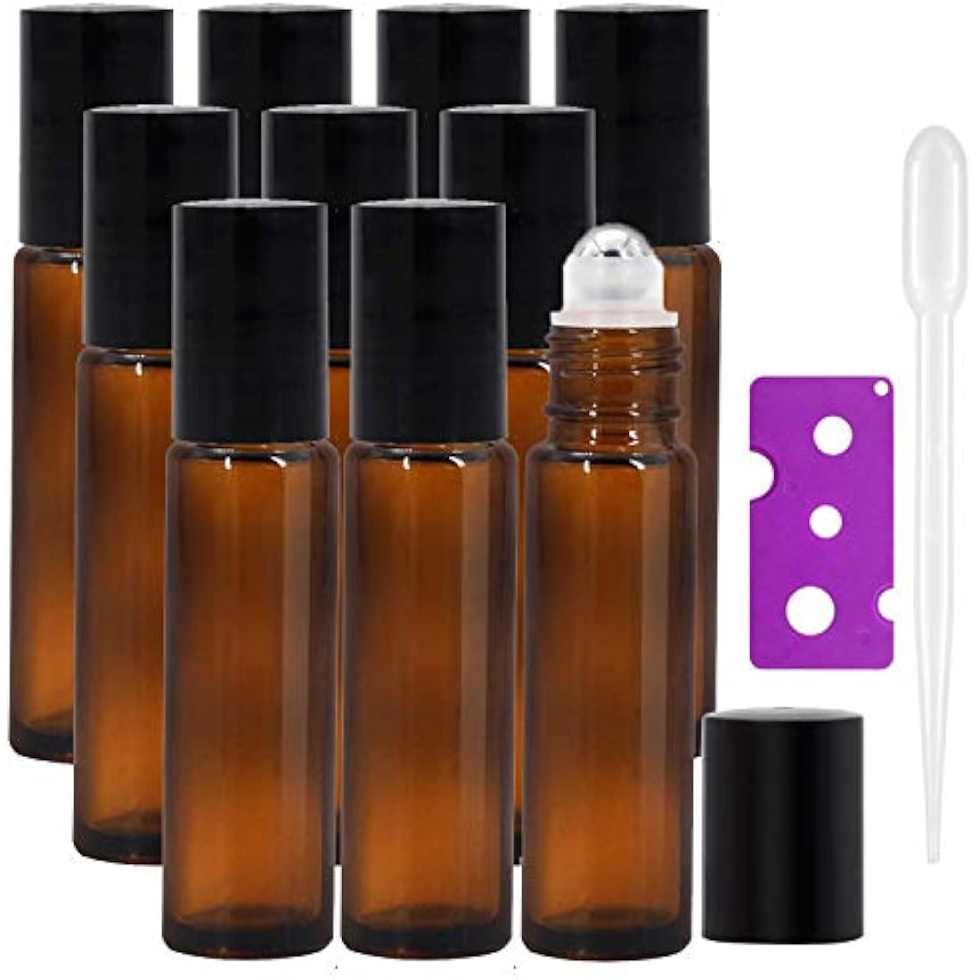 JamHooDirect 10Pcs, 10Ml Essential Oils Roll on Bottles Travel Refillable Amber Glass Roller Bottles with Stainless Steel Roller Balls, (Includes 1 Bottle Opener & 12Pcs Label)