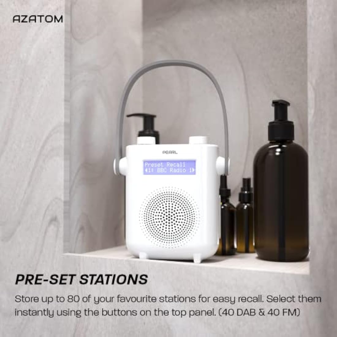 DAB/DAB+ & FM Digital Shower Radio | Bluetooth | IPX5 Waterproof Technology | Rechargeable Battery | Perfect for Home, Bathroom or Outdoors | AZATOM Pearl (White)