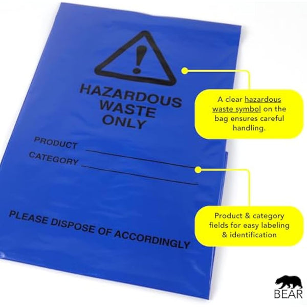 Hazardous Waste Bags - Blue - Pollution Control, Dangerous Waste Disposal, Clear and Easy to Identify, Hard Wearing, Domestic & Commercial Use, High Strength, Quality Sack (100)