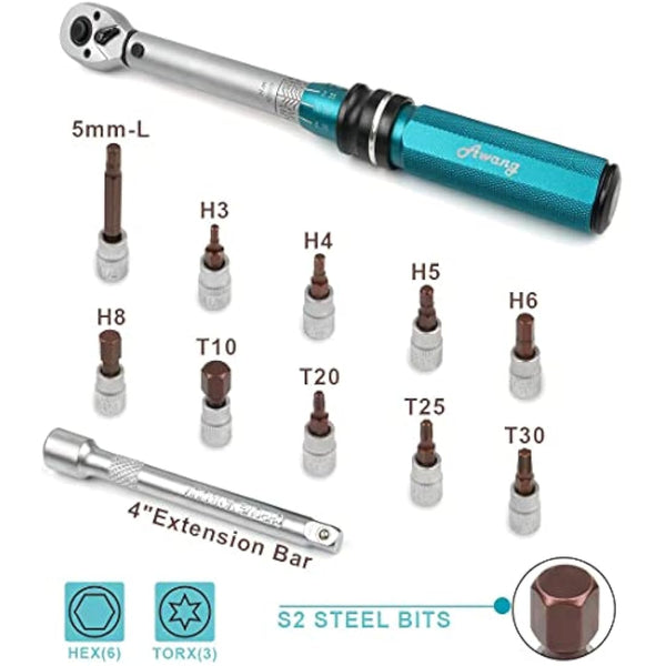 Awang 1/4 Inch Drive Click Torque Wrench Set 5-25 Nm, 72-Tooth Bicycle Torque Wrench Set, High Precision ± 3% Tool Repair Kit for Road Bikes and Mountain Bikes