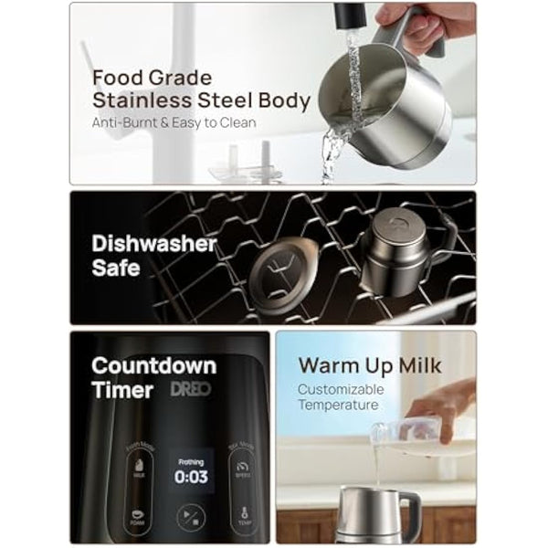 Dreo All-in-1 Milk Frother, Automatic Foam Maker for Latte Art-Level Microfoam and Hot/Cold Coffee, 27oz/800ml Electric Milk Warmer with 30+ Drinks, Dishwasher Safe, Dairy/Plant-Based Milk